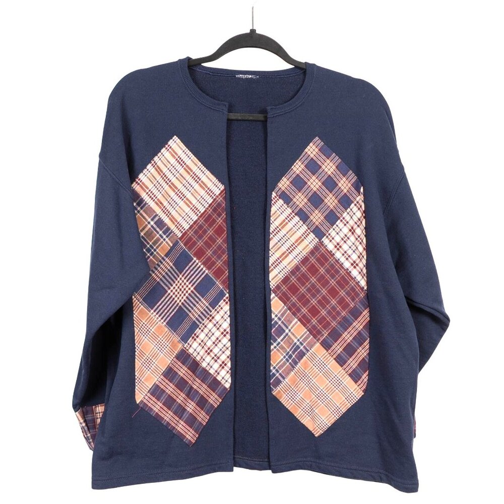 Plaid Patchwork Cardigan Sweatshirt L Blue Beige Red Contrast 90s Mom Grammacore